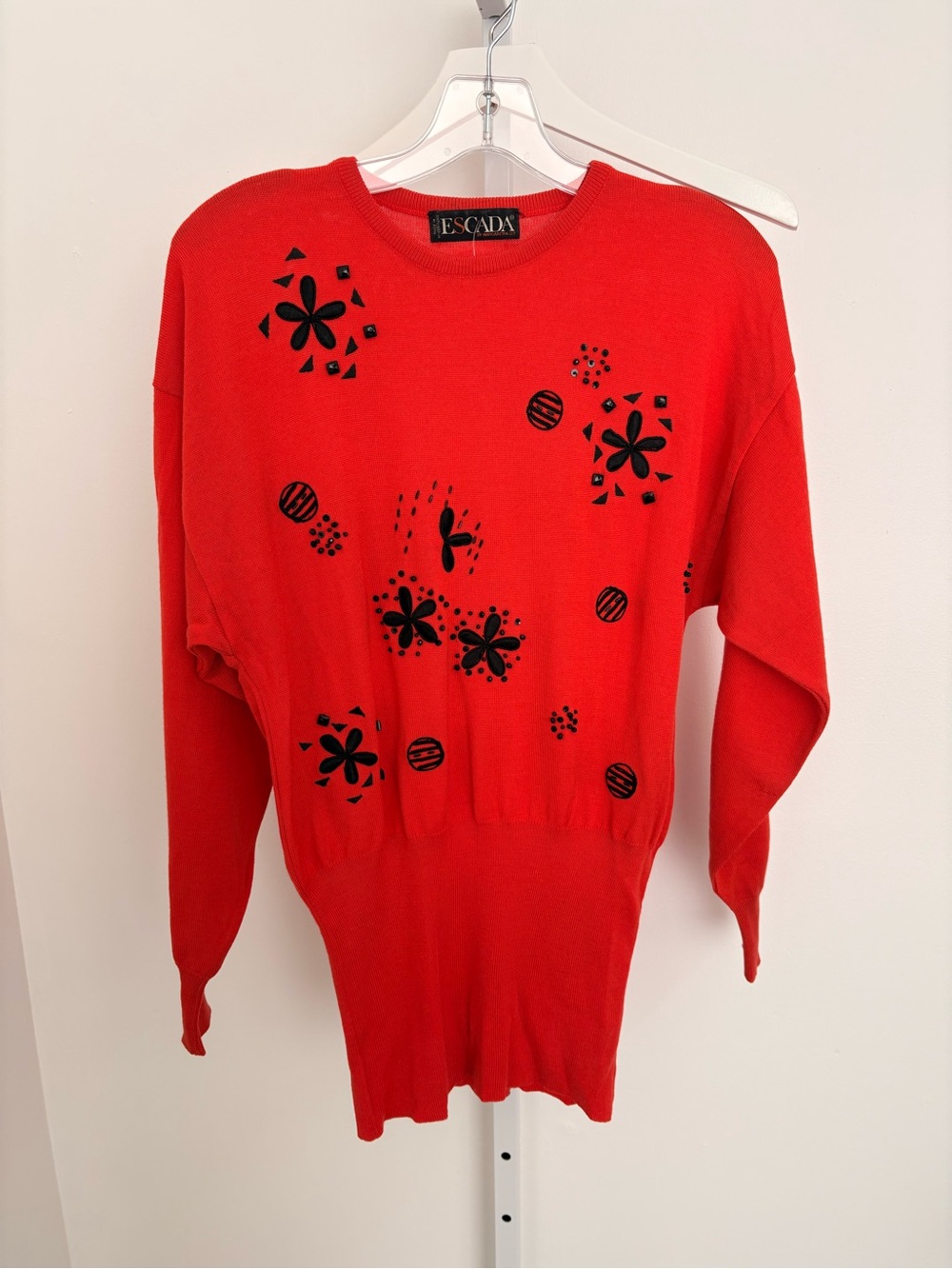 Escada Red Crewneck Sweater with Black Floral Accents